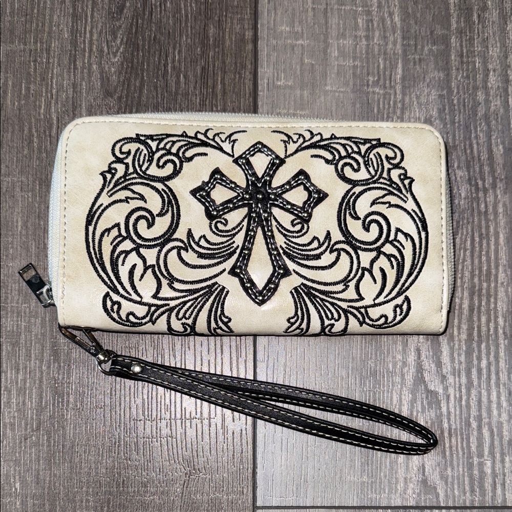 Elegant Cream Wristlet with Black Embroidery Cross & Design